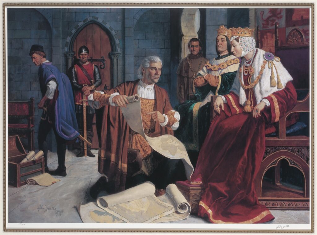 Scene of a historical figure presenting a venture to a monarch — a centuries-old version of the investor pitch.